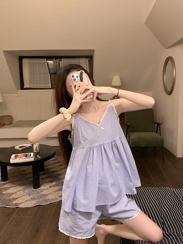 Summer Cloud Cotton Camisole Homewear Women Short Sleeve Shorts 2 Pcs photo 4 (style 4405202)