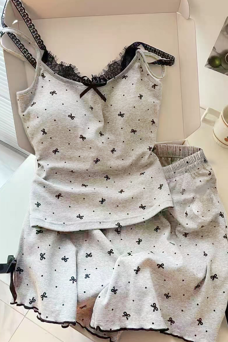 Summer Cotton-Like Camisole Bowknot Homewear Women Short Sleeve Shorts photo 1 (style 4406152)