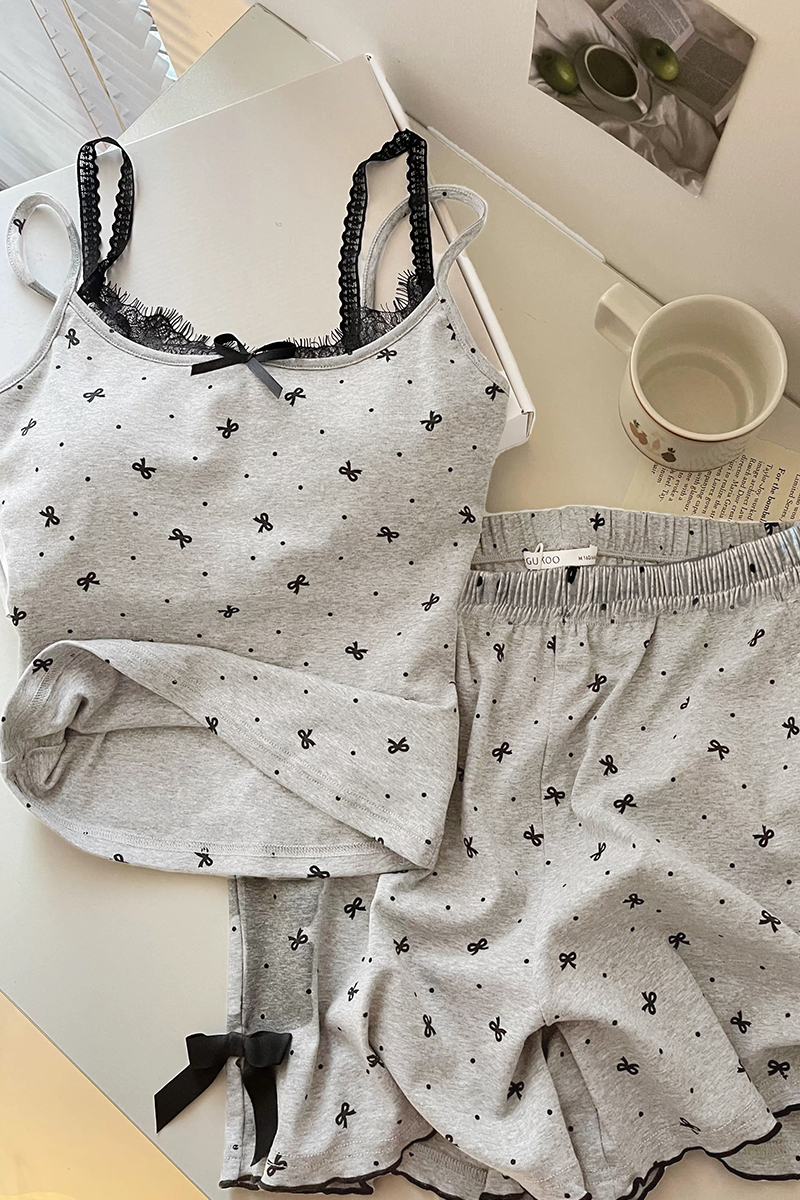 Summer Cotton-Like Camisole Bowknot Homewear Women Short Sleeve Shorts photo 2 (style 4406152)