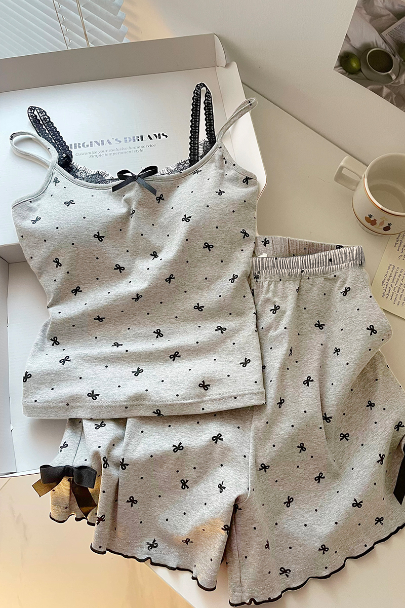 Summer Cotton-Like Camisole Bowknot Homewear Women Short Sleeve Shorts photo 3 (style 4406152)