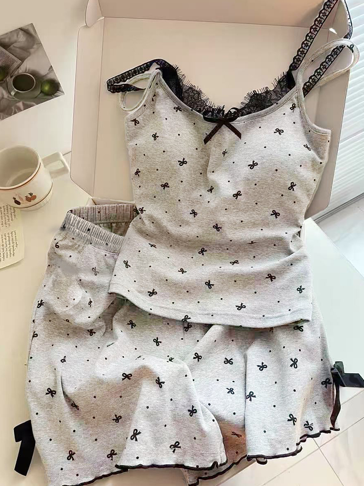 Summer Cotton-Like Camisole Bowknot Homewear Women Short Sleeve Shorts photo 4 (style 4406152)