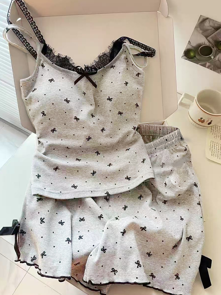 Summer Cotton-Like Camisole Bowknot Homewear Women Short Sleeve Shorts photo 5 (style 4406152)