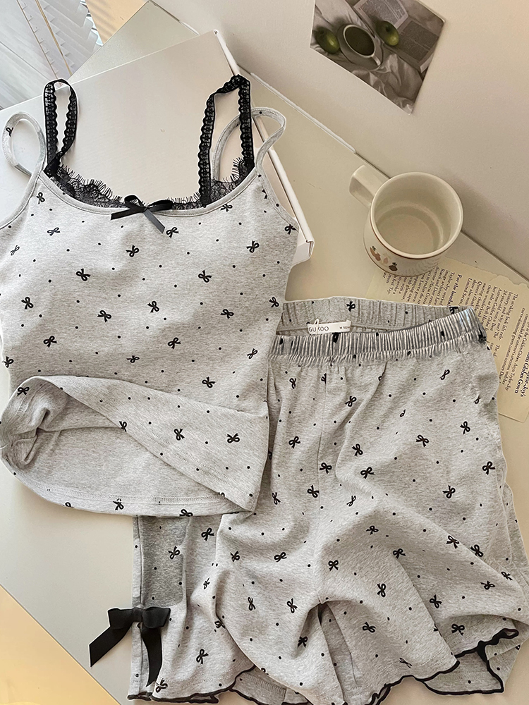 Summer Cotton-Like Camisole Bowknot Homewear Women Short Sleeve Shorts photo 6 (style 4406152)