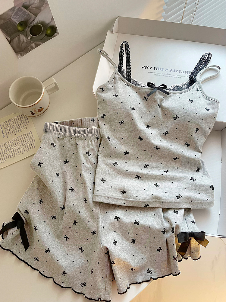 Summer Cotton-Like Camisole Bowknot Homewear Women Short Sleeve Shorts photo 7 (style 4406152)