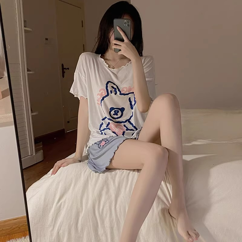 Summer Cotton-Like With Pads Homewear Women Short Sleeve Shorts 2 Pcs Breathable Wholesale