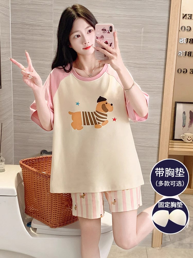 Summer Cloud Cotton With Pads Homewear Women Short Sleeve Shorts 2 Pcs Breathable Wholesale