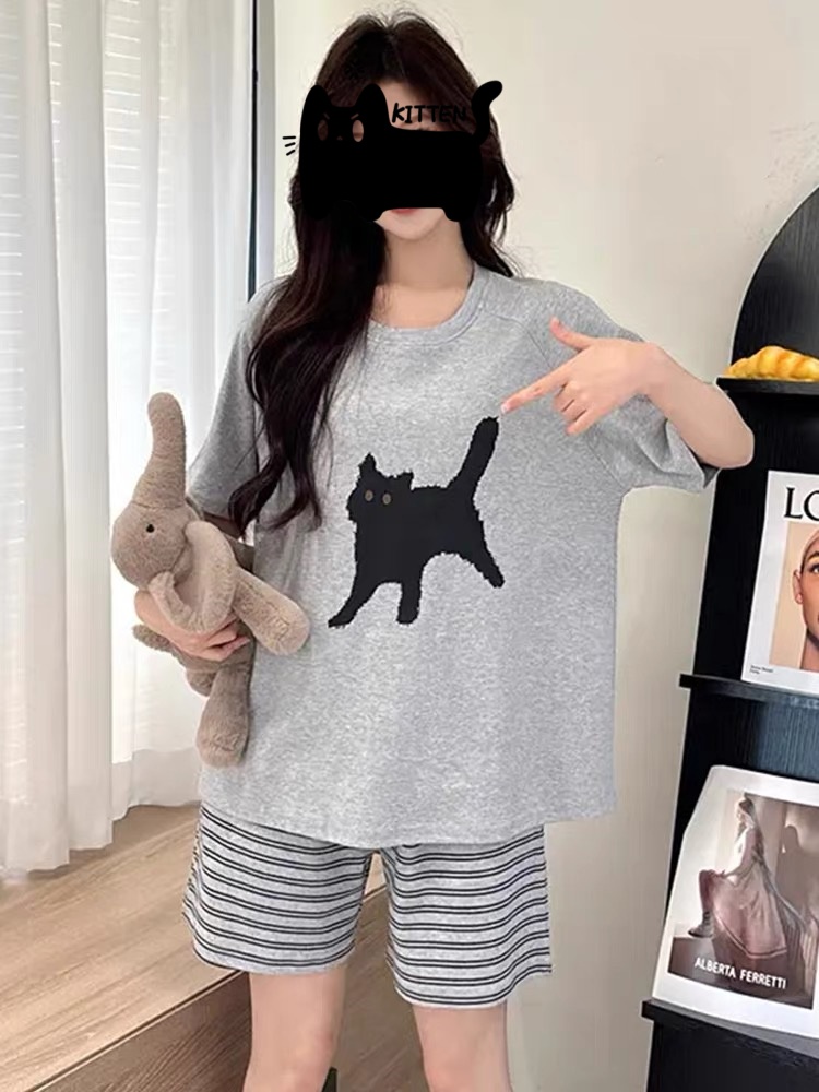 Summer Cotton-Like With Pads Homewear Women Short Sleeve Shorts 2 Pcs Breathable Wholesale