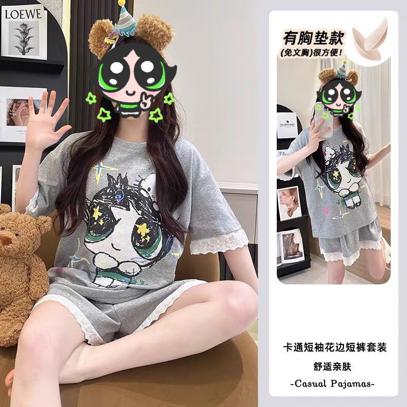 Summer Cotton-Like With Pads Homewear Women Short Sleeve Shorts 2 Pcs Breathable Wholesale