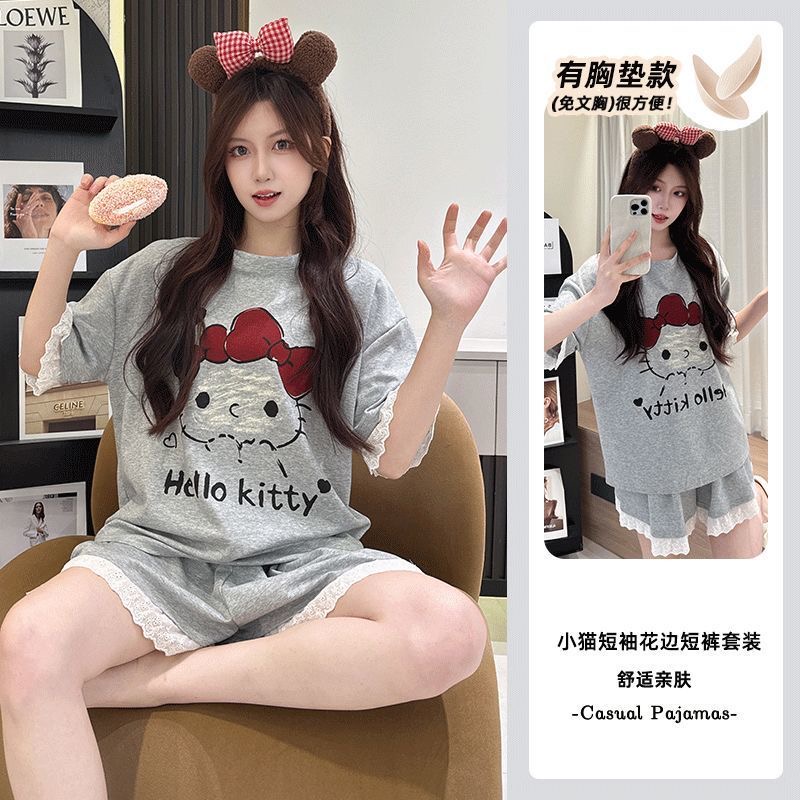 Summer Cotton-Like With Pads Homewear Women Short Sleeve Shorts 2 Pcs Breathable Wholesale