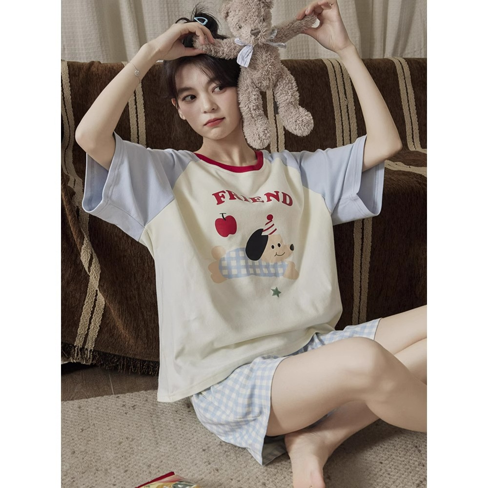 Summer Cloud Cotton With Pads Homewear Women Short Sleeve Shorts 2 Pcs Breathable Wholesale