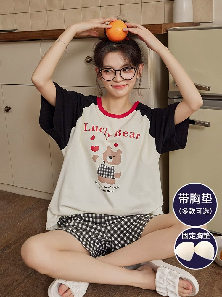 Summer Cloud Cotton With Pads Homewear Women Short Sleeve Shorts 2 Pcs Breathable Wholesale