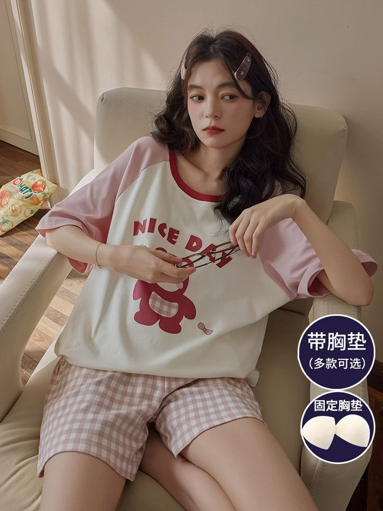 Summer Cloud Cotton With Pads Homewear Women Short Sleeve Shorts 2 Pcs Breathable Wholesale