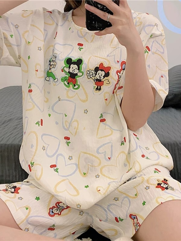 Summer Cloud Cotton With Pads Homewear Women Short Sleeve Shorts 2 Pcs Breathable Wholesale