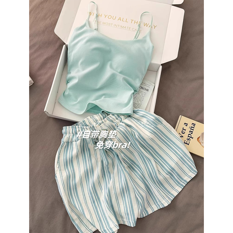 Summer Cotton-Like With Pads Homewear Women Short Sleeve Shorts 2 Pcs Breathable Wholesale