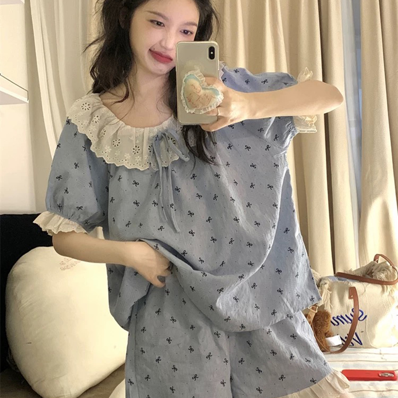 Summer Cloud Cotton Homewear Women Short Sleeve Shorts 2 Pcs Breathabl photo 6 (style 4624)