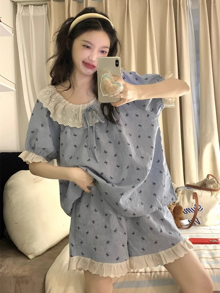 Summer Cloud Cotton Homewear Women Short Sleeve Shorts 2 Pcs Breathabl photo 1 (style 4624)
