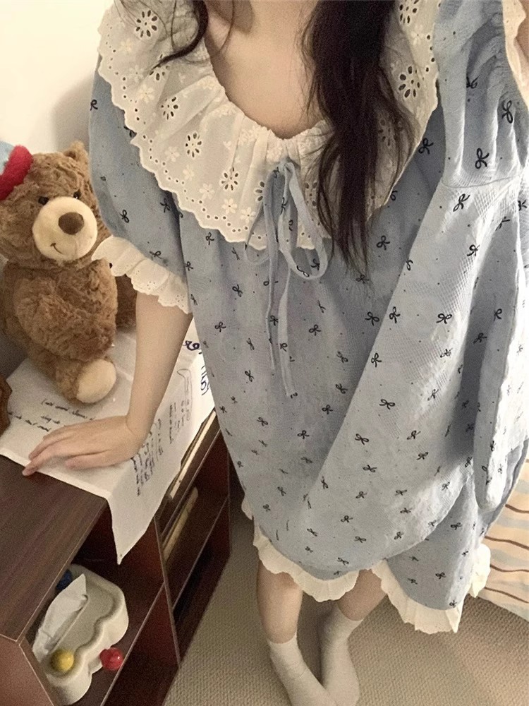 Summer Cloud Cotton Homewear Women Short Sleeve Shorts 2 Pcs Breathabl photo 2 (style 4624)