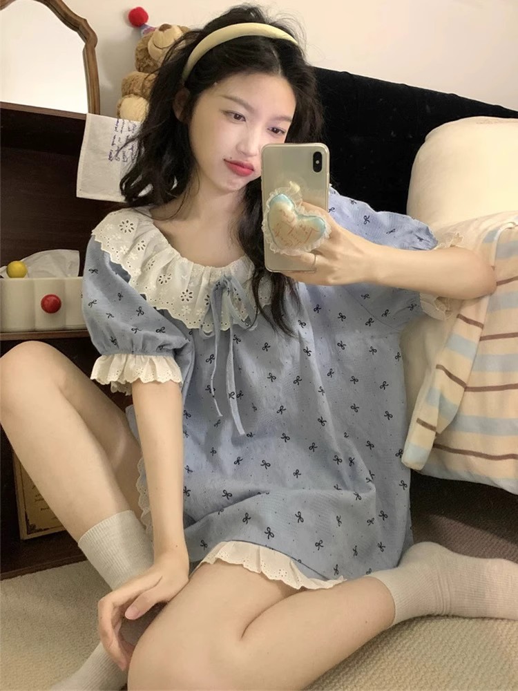 Summer Cloud Cotton Homewear Women Short Sleeve Shorts 2 Pcs Breathabl photo 3 (style 4624)