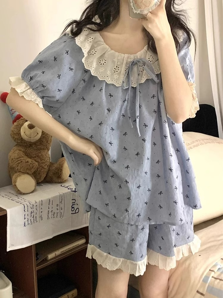Summer Cloud Cotton Homewear Women Short Sleeve Shorts 2 Pcs Breathabl photo 4 (style 4624)