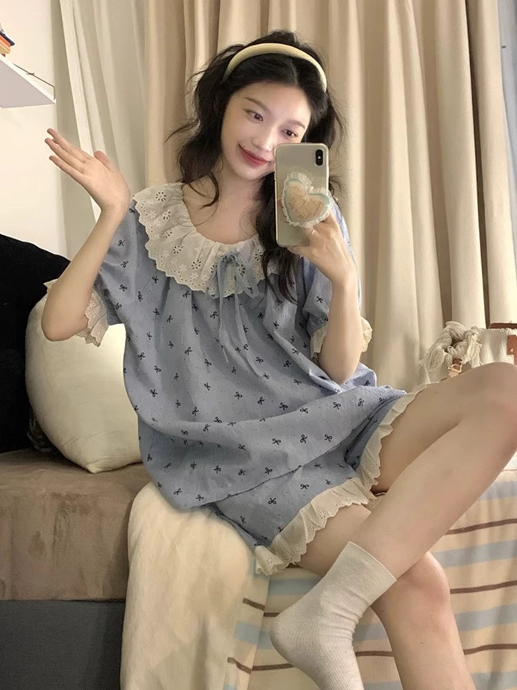 Summer Cloud Cotton Homewear Women Short Sleeve Shorts 2 Pcs Breathabl photo 5 (style 4624)