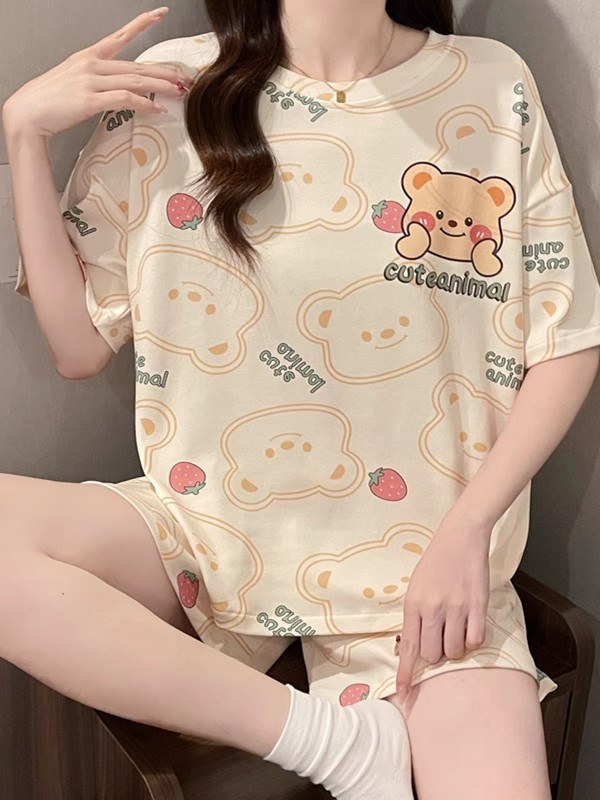 Summer Cloud Cotton With Pads Homewear Women Short Sleeve Shorts 2 Pcs Breathable Wholesale