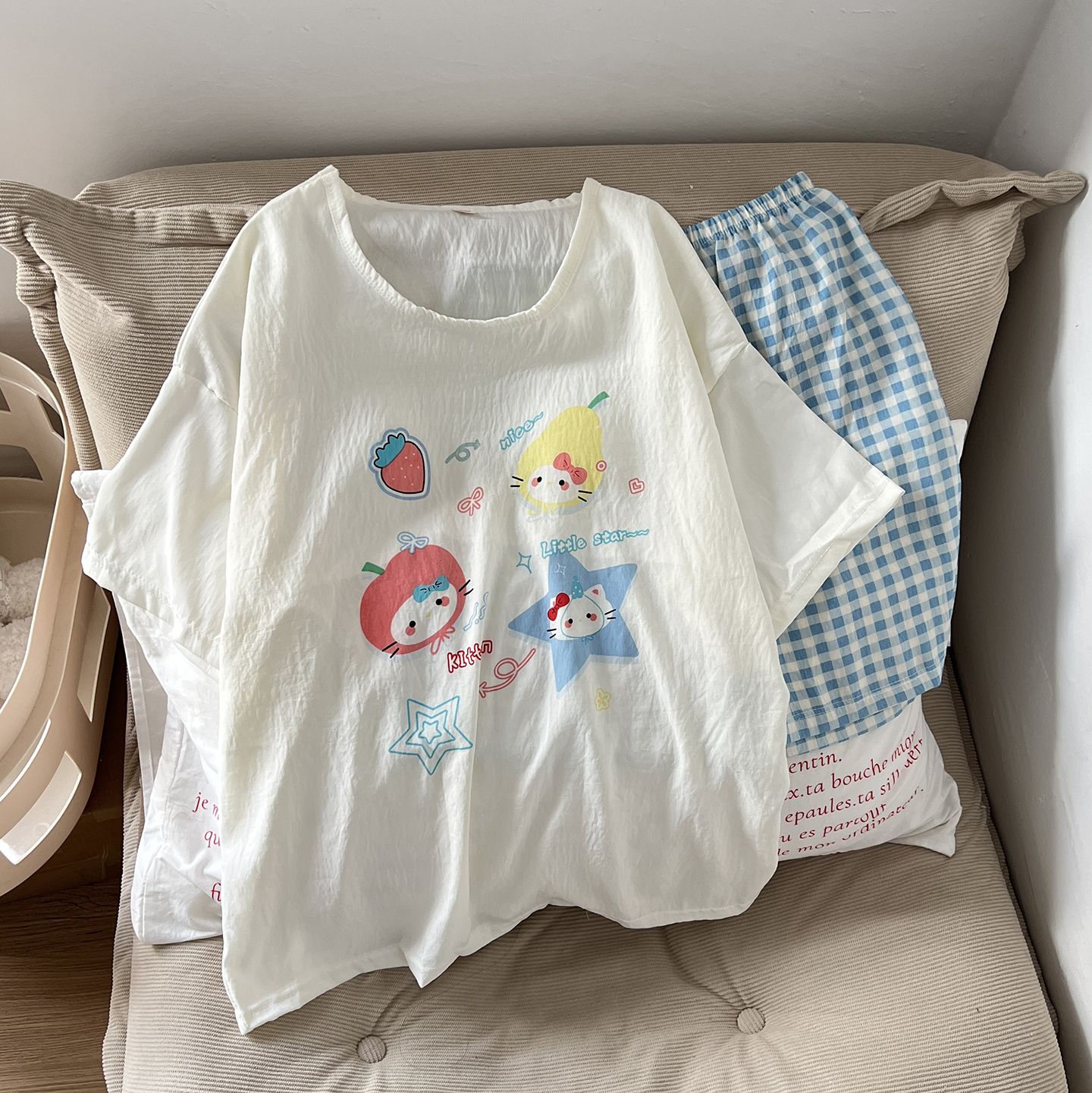 Women's Summer Cloud Cotton Built-in Chest Pad Short Sleeve & Shorts P photo 2 (style SM-E2AD2C)