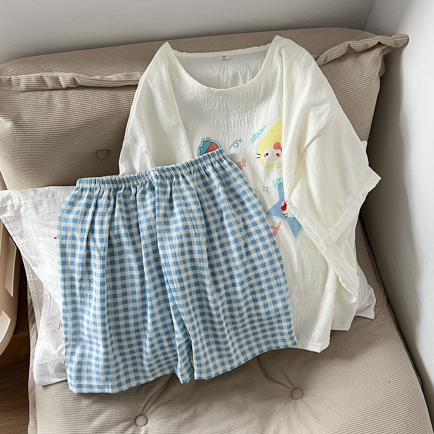 Women's Summer Cloud Cotton Built-in Chest Pad Short Sleeve & Shorts P photo 5 (style SM-E2AD2C)