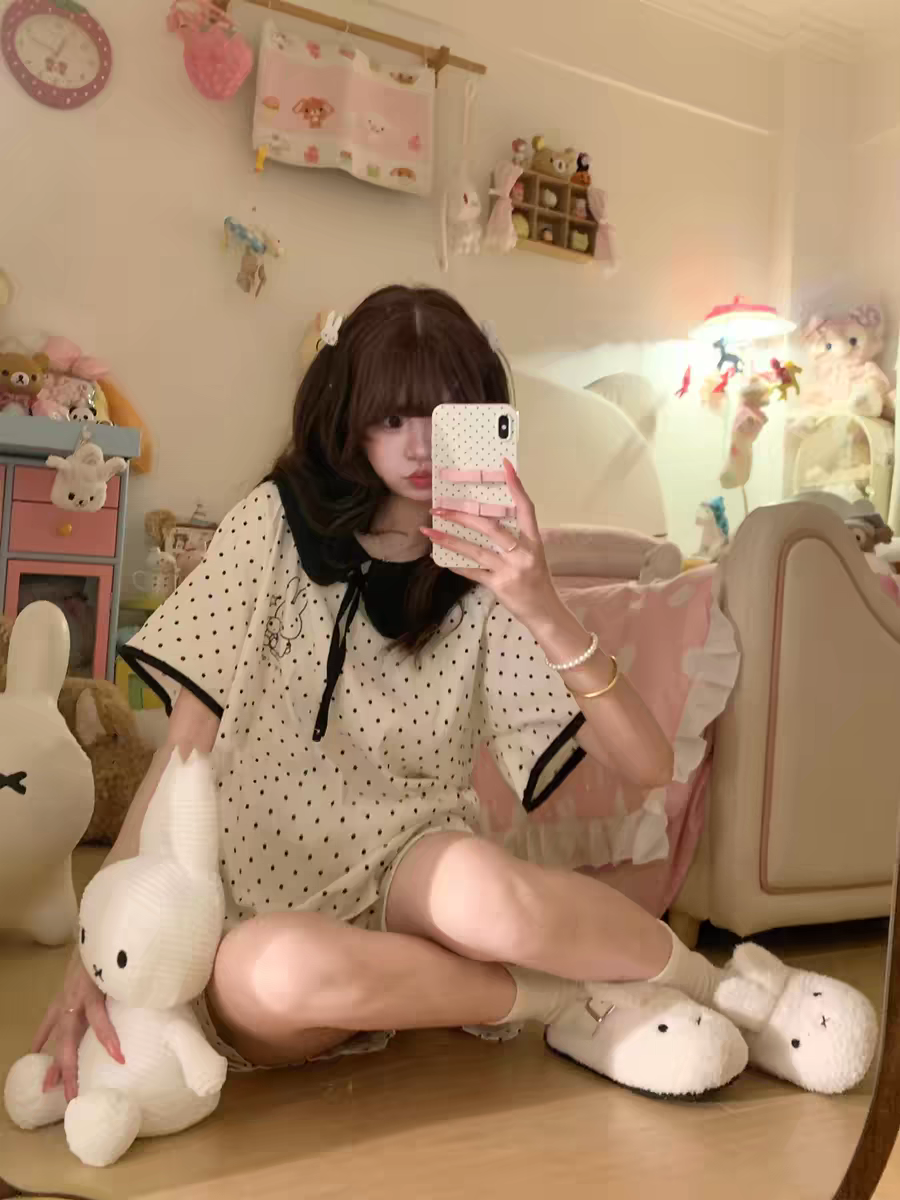 Summer Cloud Cotton Homewear Women Short Sleeve Shorts 2 Pcs Breathabl photo 4 (style 4683)