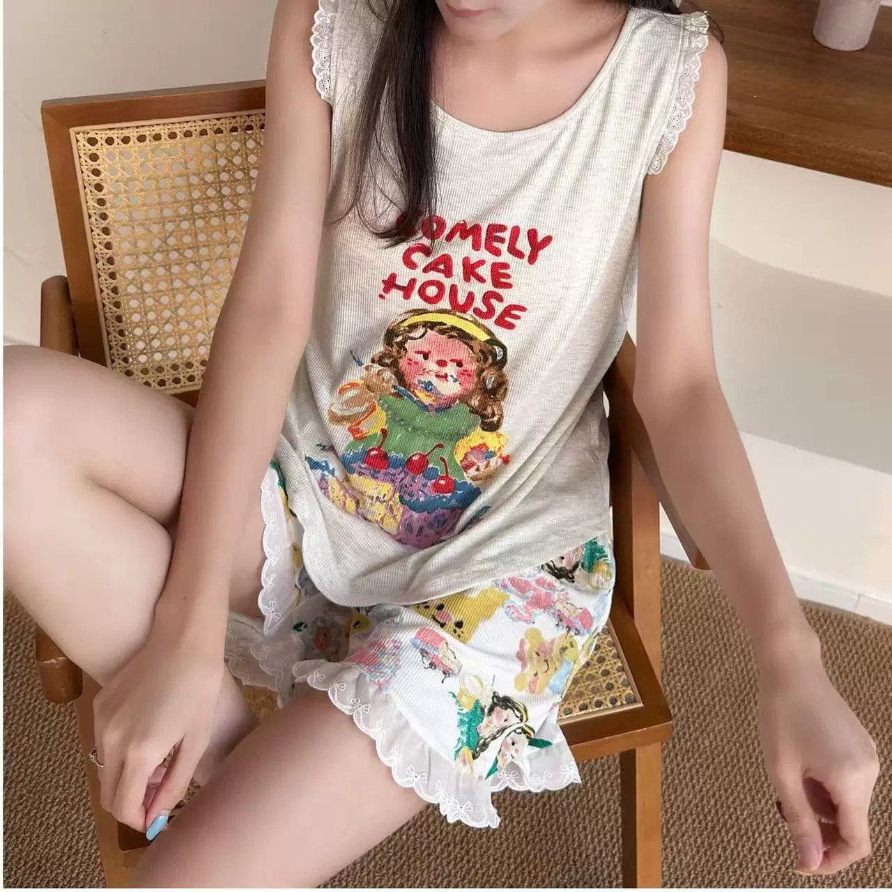 Summer Ice Silk With Pads Homewear Women Short Sleeve Shorts 2 Pcs Bre photo 1 (style 4689)