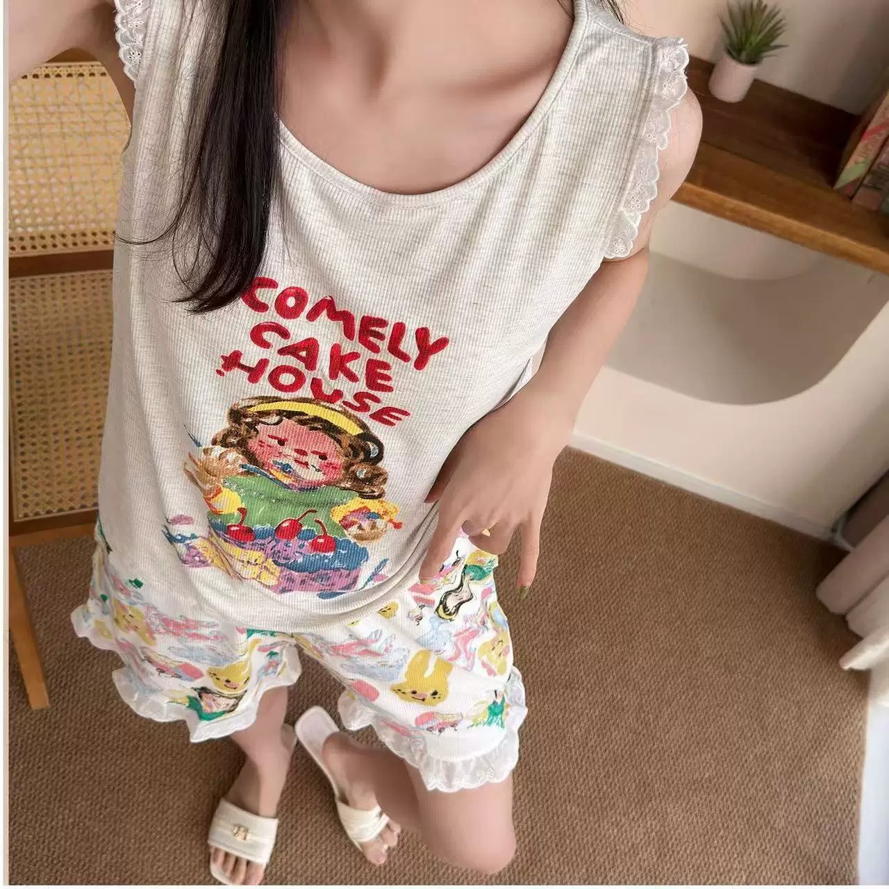 Summer Ice Silk With Pads Homewear Women Short Sleeve Shorts 2 Pcs Bre photo 3 (style 4689)