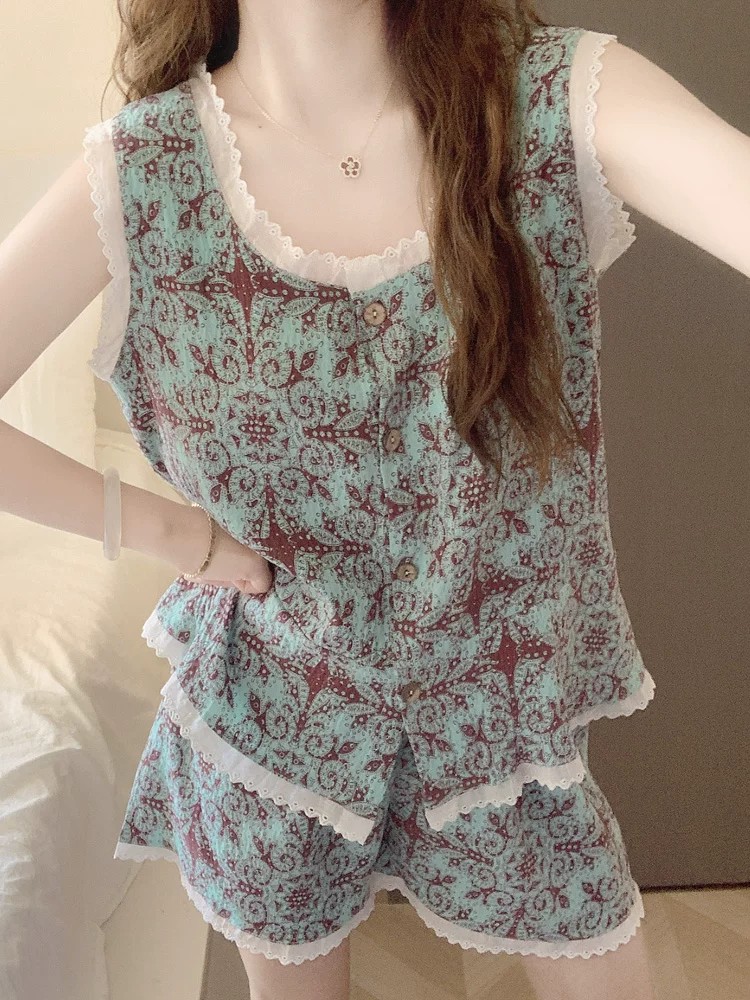 Summer Cloud Cotton Homewear Women Short Sleeve Shorts 2 Pcs Breathable Comfort Wholesale