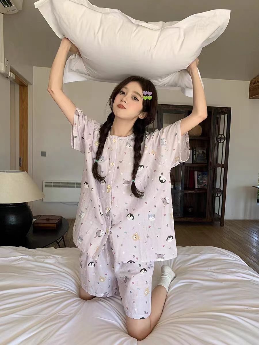 Women's Summer Imitation Cotton Pajama Set, Short Sleeve & Shorts, Bre photo 6 (style SM-FC3DC1)