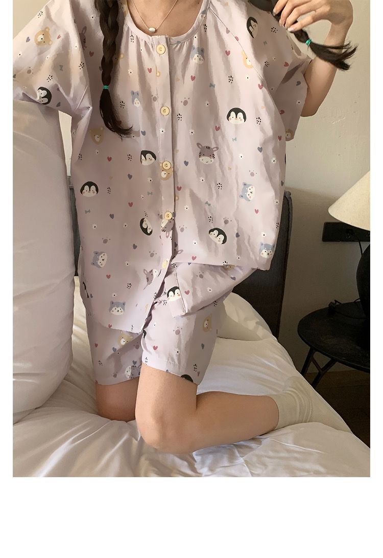 Women's Summer Imitation Cotton Pajama Set, Short Sleeve & Shorts, Bre photo 7 (style SM-FC3DC1)