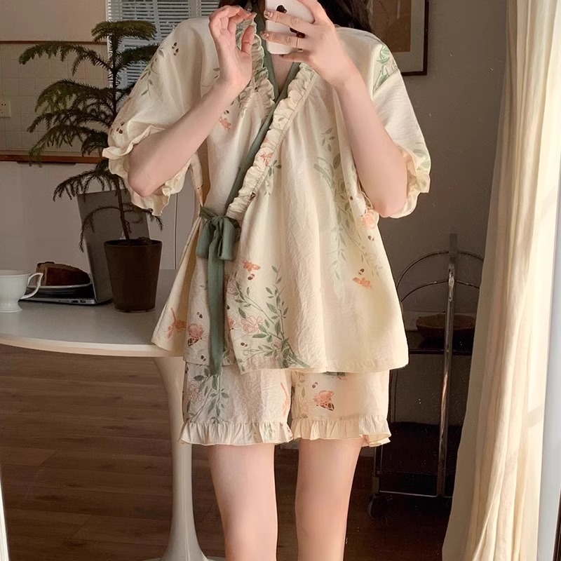 Summer Cloud Cotton Homewear Women Short Sleeve Shorts 2 Pcs Breathabl photo 1 (style 506917)
