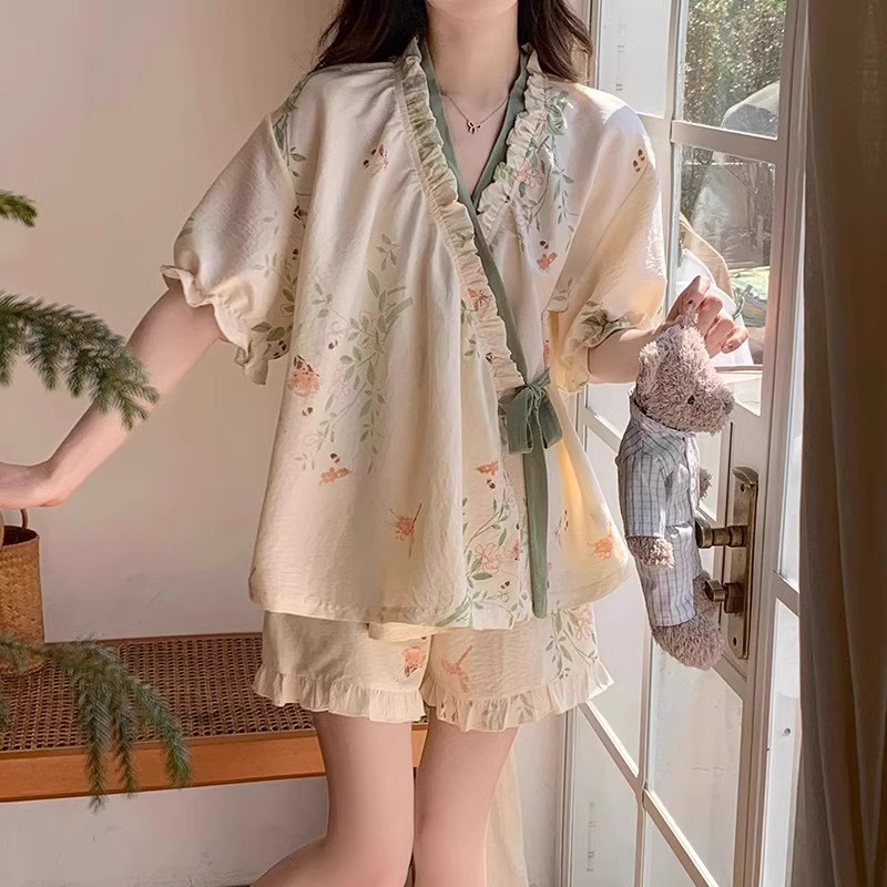 Summer Cloud Cotton Homewear Women Short Sleeve Shorts 2 Pcs Breathabl photo 3 (style 506917)