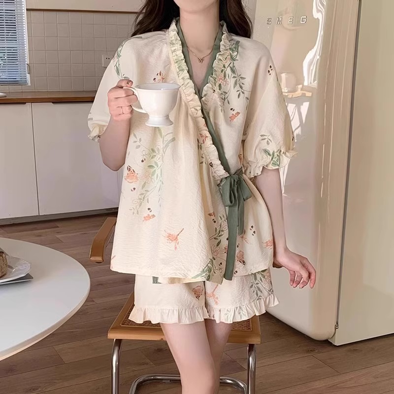 Summer Cloud Cotton Homewear Women Short Sleeve Shorts 2 Pcs Breathabl photo 4 (style 506917)