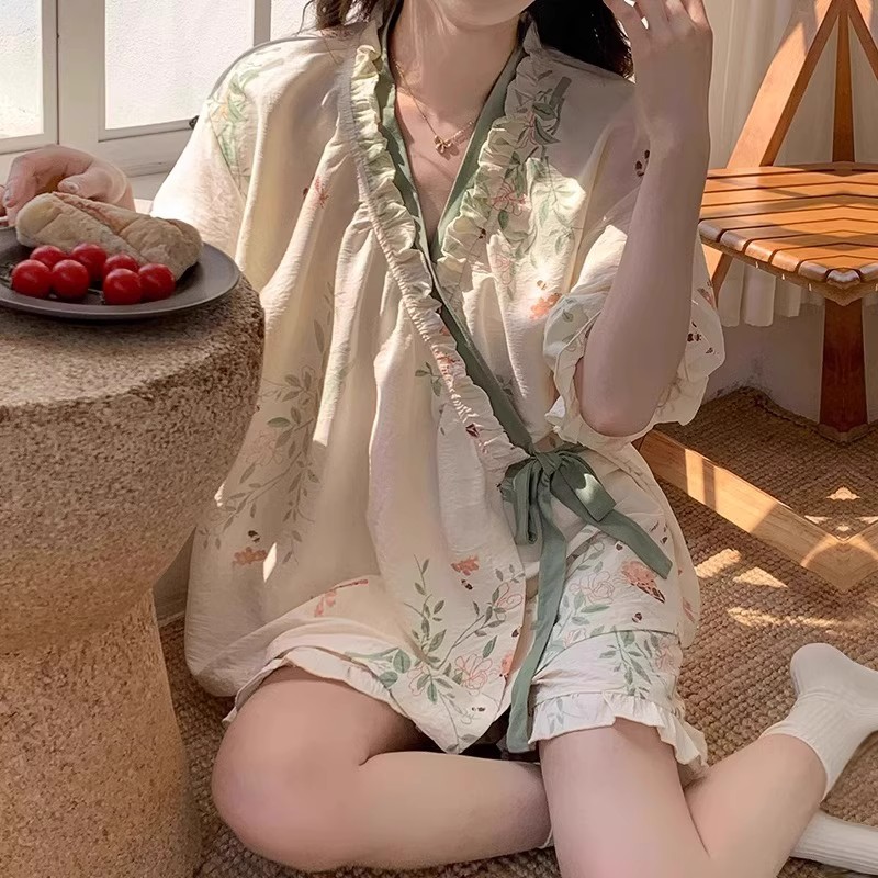 Summer Cloud Cotton Homewear Women Short Sleeve Shorts 2 Pcs Breathabl photo 5 (style 506917)