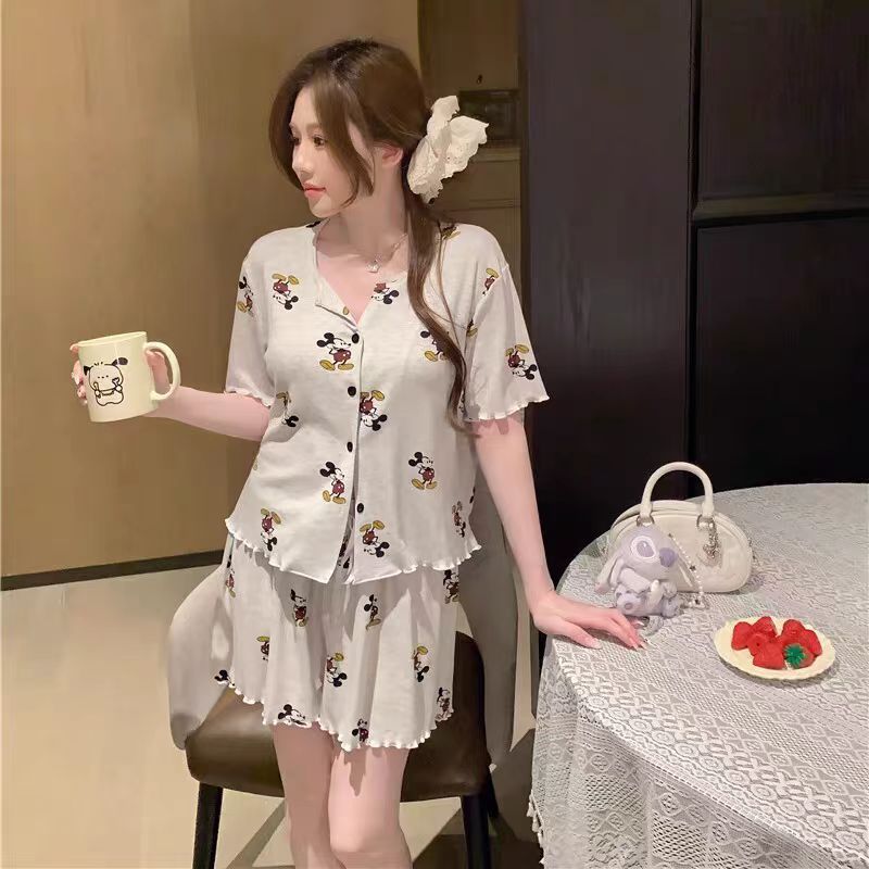 夏季冰丝家居服女短袖短裤两件套睡衣套装透气舒适可外穿