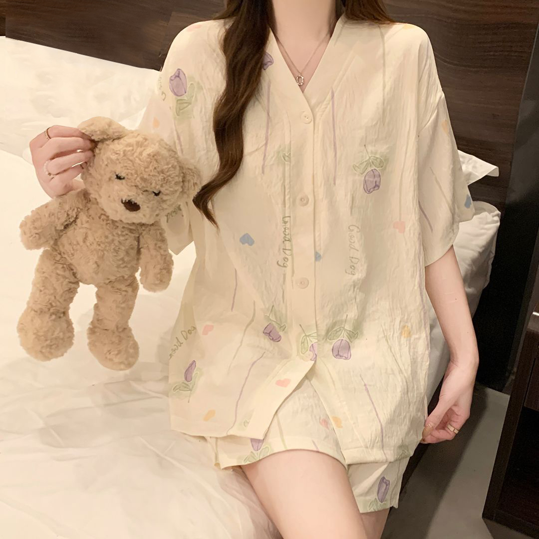 Summer Cloud Cotton Homewear Women Short Sleeve Shorts 2 Pcs Breathable Comfort Wholesale