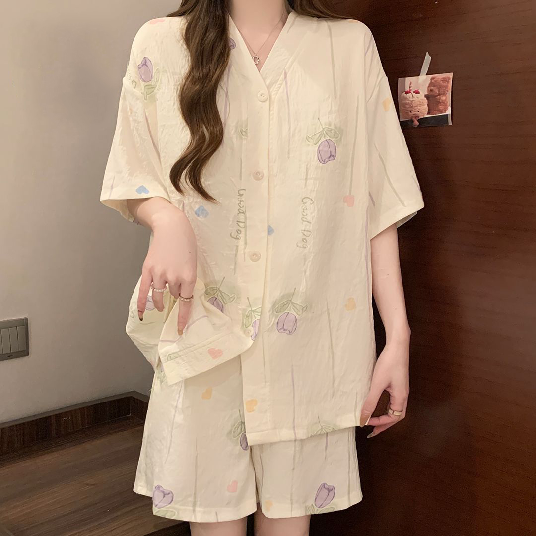 Summer Cloud Cotton Homewear Women Short Sleeve Shorts 2 Pcs Breathabl photo 2 (style 5071507614)