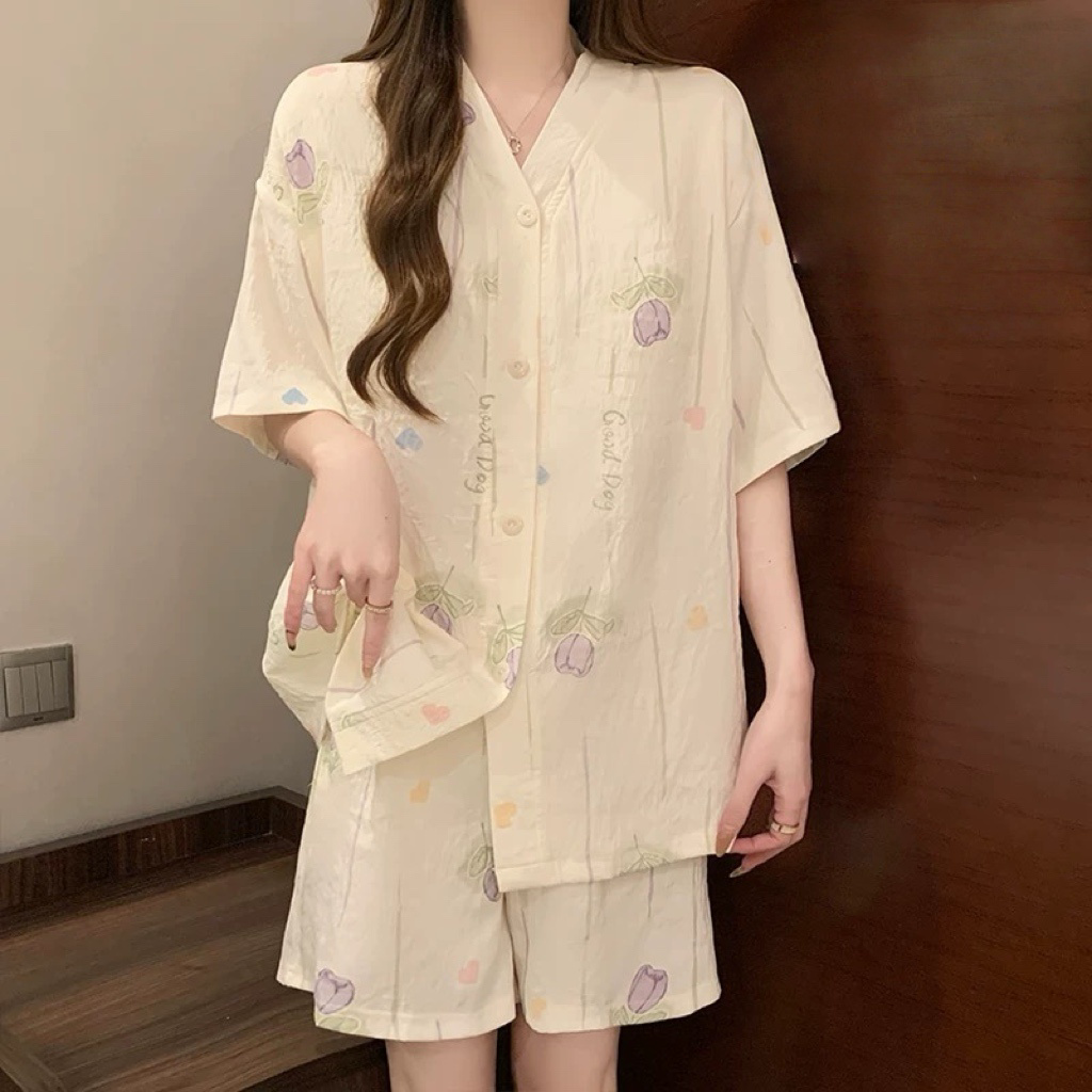 Summer Cloud Cotton Homewear Women Short Sleeve Shorts 2 Pcs Breathabl photo 3 (style 5071507614)
