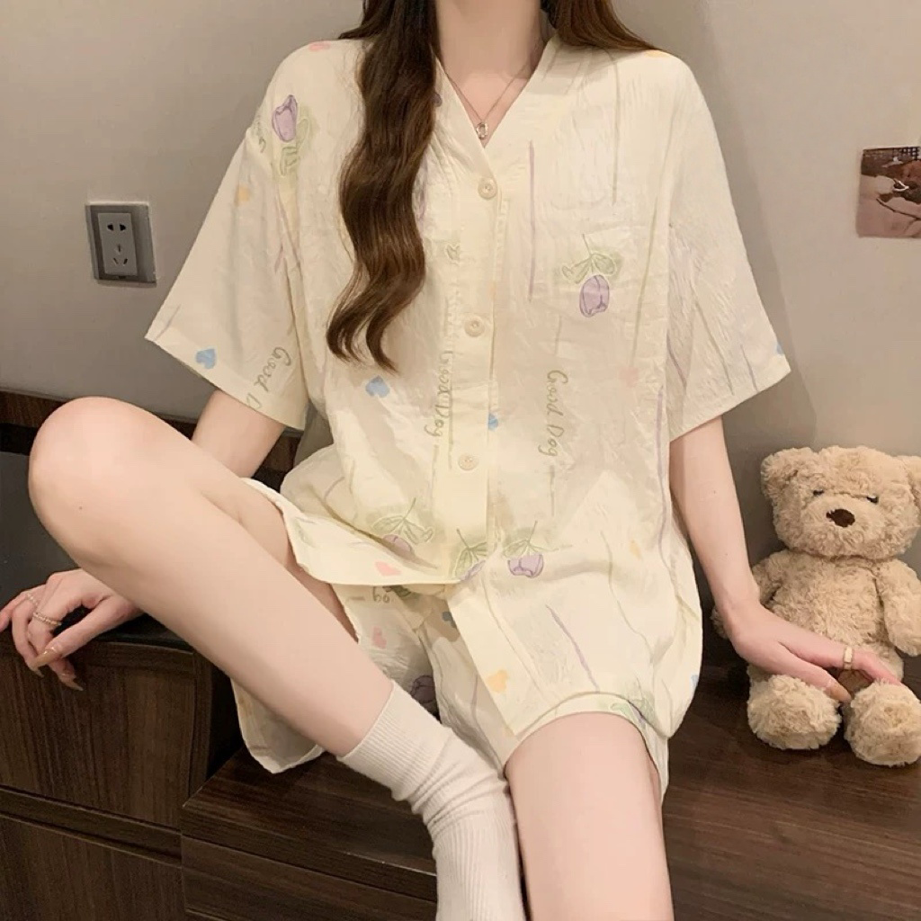 Summer Cloud Cotton Homewear Women Short Sleeve Shorts 2 Pcs Breathabl photo 4 (style 5071507614)
