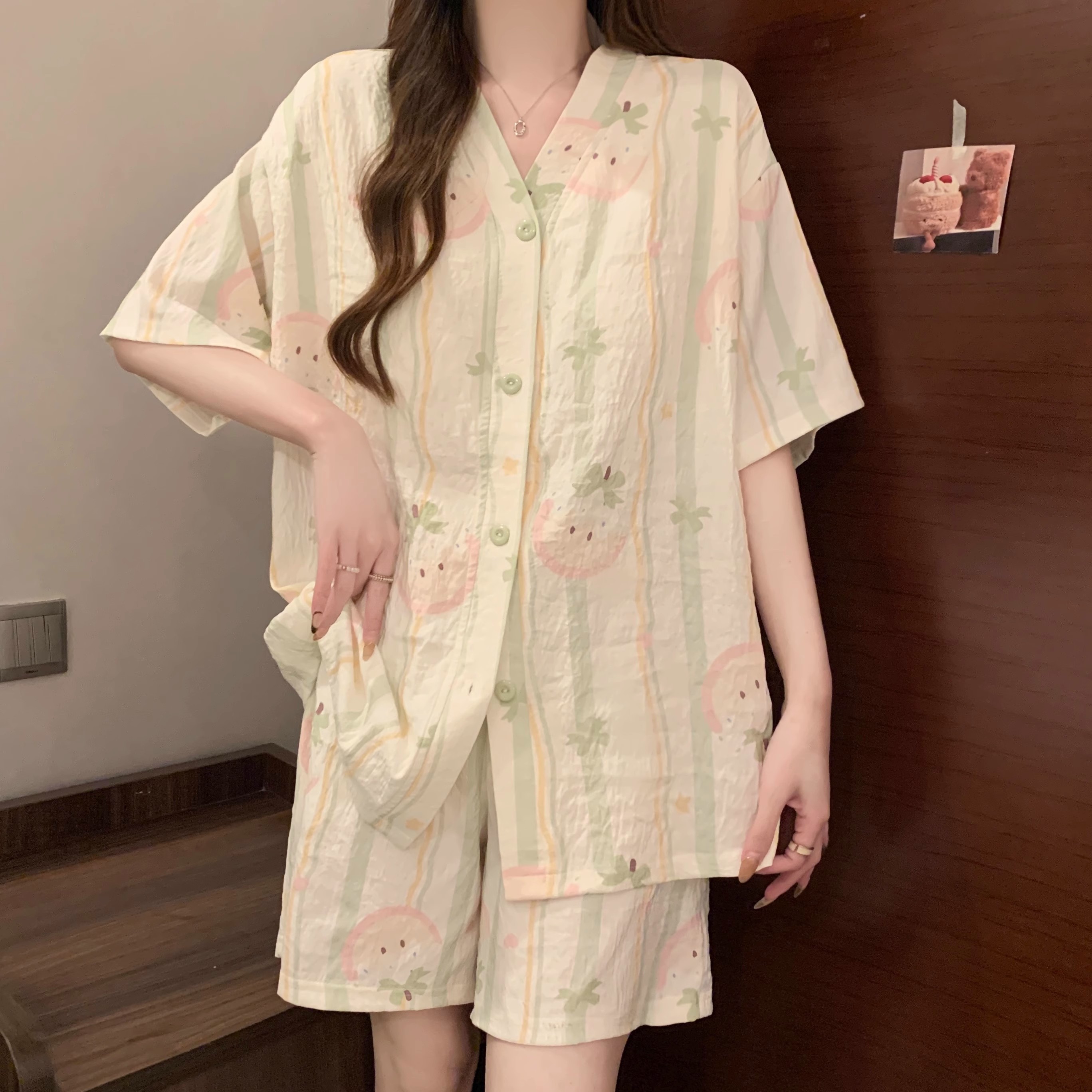 Summer Cloud Cotton Homewear Women Short Sleeve Shorts 2 Pcs Breathabl photo 6 (style 5071507614)
