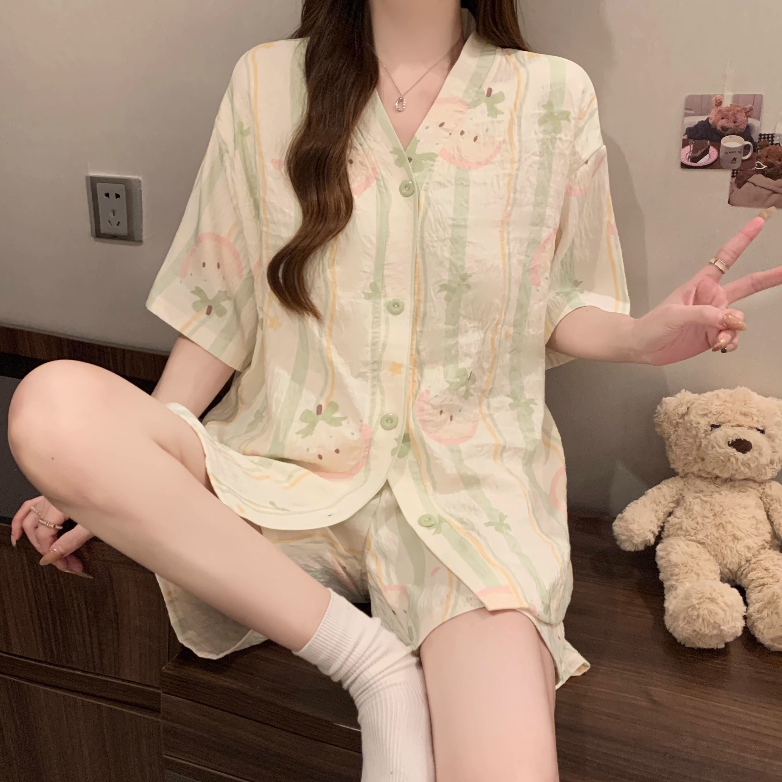 Summer Cloud Cotton Homewear Women Short Sleeve Shorts 2 Pcs Breathabl photo 7 (style 5071507614)