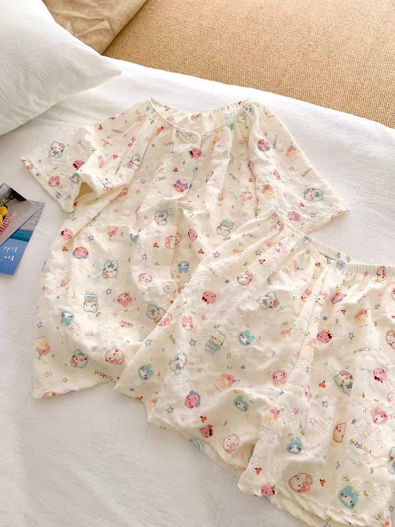Summer Cotton With Pads Homewear Women Short Sleeve Shorts 2 Pcs Breat photo 2 (style 5089)