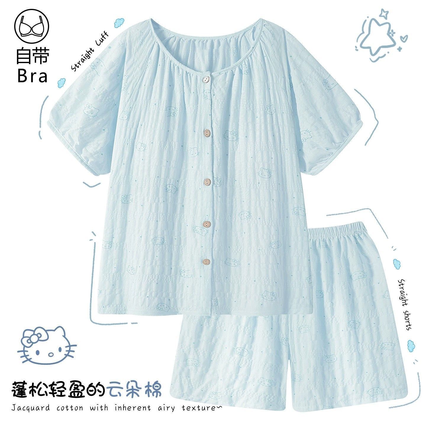 Summer Cotton With Pads Homewear Women Short Sleeve Shorts 2 Pcs Breat photo 2 (style 509515)