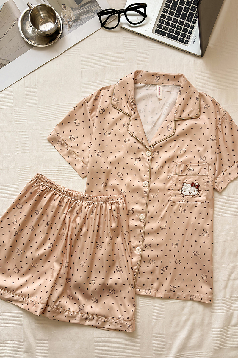 夏季冰丝波点家居服女短袖短裤两件套睡衣套装透气舒适可外穿