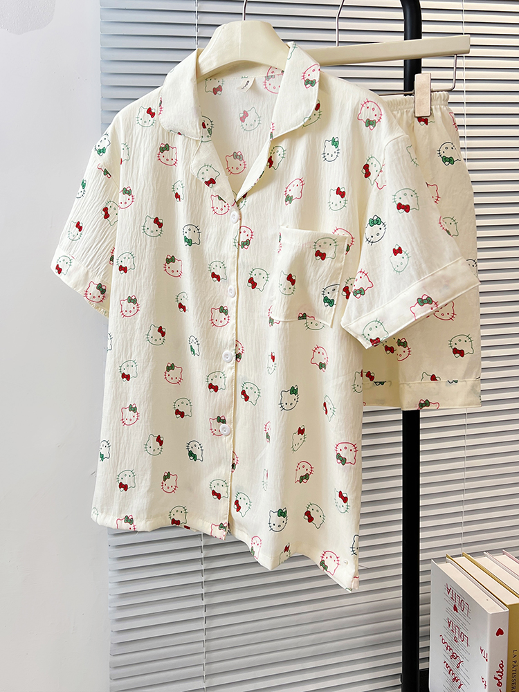 Summer Cloud Cotton Homewear Women Short Sleeve Shorts 2 Pcs Breathabl photo 2 (style 5185182)