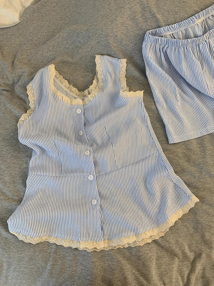 Summer Cloud Cotton Camisole Homewear Women Short Sleeve Shorts 2 Pcs photo 5 (style 5199172)