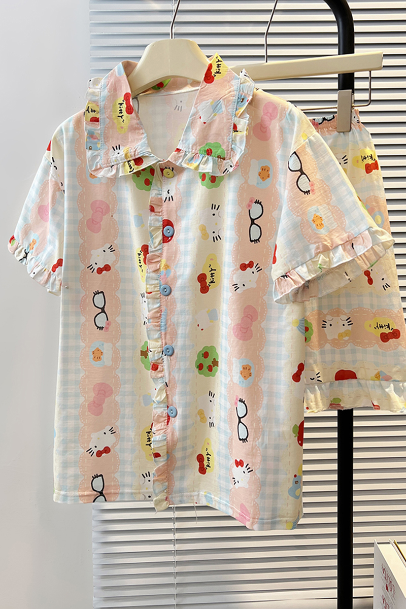 Summer Cloud Cotton Homewear Women Short Sleeve Shorts 2 Pcs Breathabl photo 1 (style 5206222)